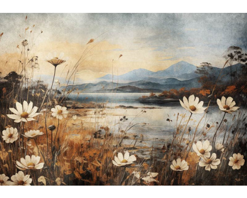 Schilderachtig fotobehang met een landschap van een meer omringd door bloemen en natuur.