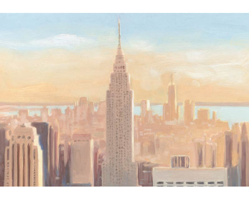 Fotobehang met een schilderachtige weergave van de Empire State Building in New York in roze en pastelkleuren.