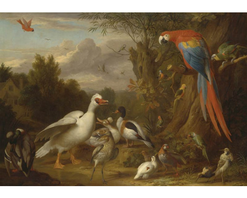 Vogels in een kunstzinnige stijl op een schilderij-fotobehang.