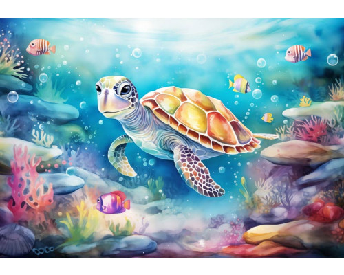 Kinderbehang van een schildpad die door een onderwaterwereld zwemt, omringd door vissen en oceaandetails.