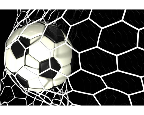 Fotobehang van een voetbal die schitterend in het doel belandt, vastgelegd op het moment van scoren in de wedstrijd.
