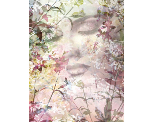 Sense bloemen fotobehang, met een abstract kunstwerk van een vrouwelijk silhouet, ideaal voor een artistieke ruimte.