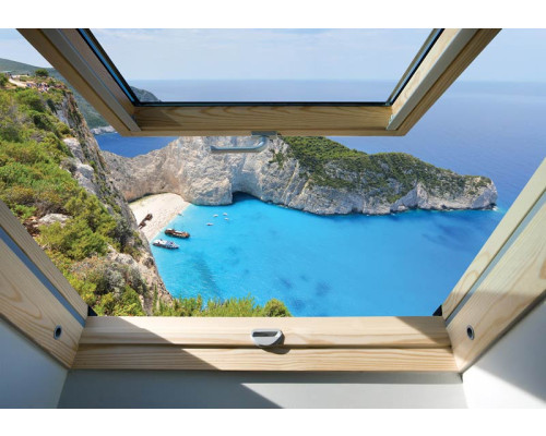 Fotobehang van het beroemde scheepswrak op Navagio Beach in Zakynthos, met een 3D-effect.