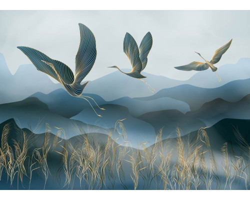 Een fotobehang met sierlijke gouden kraanvogels, waarin elegante vogels met verfijnde gouden accenten zweven tegen een diepe achtergrond voor een luxueus effect.