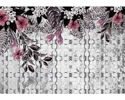 Fotobehang met sierplanten op betonmuur, roze bloemen en planten voor een zachte uitstraling.