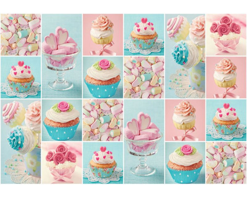 Fotobehang met cupcakes, snoep en koekjes in pastelkleuren, ideaal voor kinderkamers of keukens.