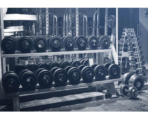 Sportschool fotobehang met gewichten en dumbbells, voor een stoere en motiverende uitstraling in een fitnessruimte.