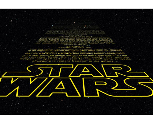 Star Wars intro fotobehang met de iconische gele tekst die door de ruimte zweeft.