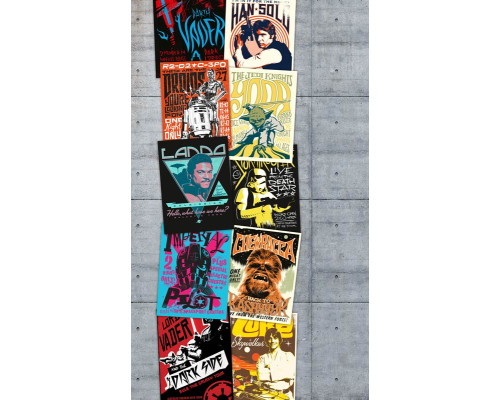 Star Wars Rock On Wall fotobehang toont iconische Star Wars karakters op een verweerde muur in graffiti-stijl.