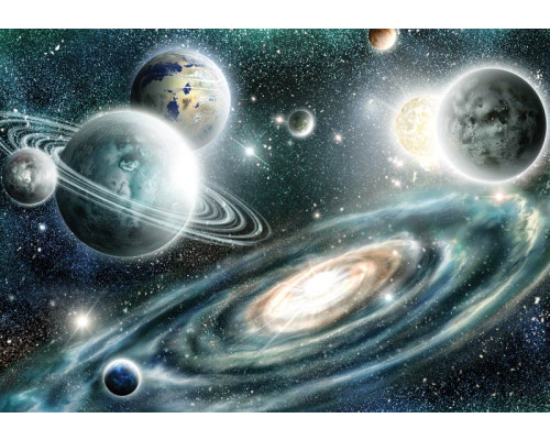 Planeten en sterren in de kosmos, met een weergave van de ruimte die tot leven komt op dit fotobehang.