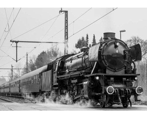 Fotobehang van een stoomlocomotief in zwart-wit, nostalgisch ontwerp.