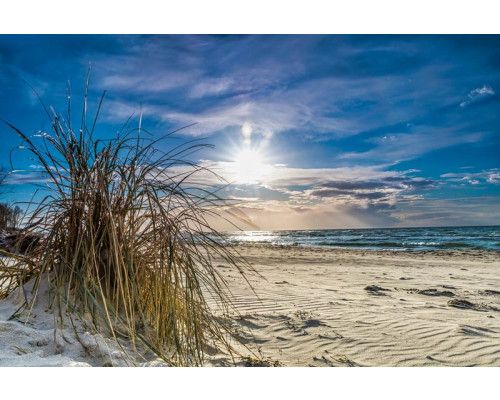 Fotobehang Strand met Duinen en Zee met uitzicht over zand, helmgras en glinsterende golven.