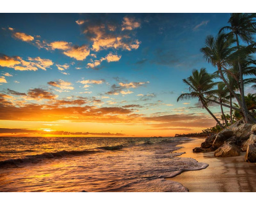 Fotobehang van een paradijselijk strand met palmbomen en een zonsondergang boven de zee, waar de lucht in warme tinten gloeit.