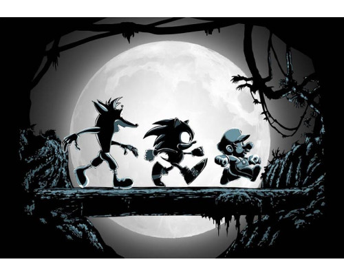 Een fotobehang met Super Mario, Sonic en Crash Bandicoot, waarbij de iconische gamehelden silhouetten vormen terwijl ze bij volle maan over een boomstam lopen in een mysterieuze setting.