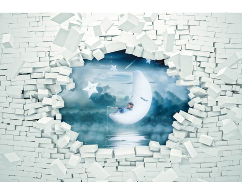 Sweet Dreams met een 3D-effect van een gebroken muur op fotobehang, speciaal voor babykamers.