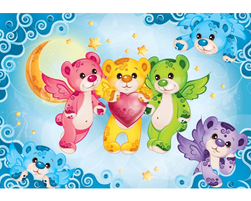 Fotobehang met teddyberen en regenboogkleuren, speciaal ontworpen voor kinderkamers en babykamers.