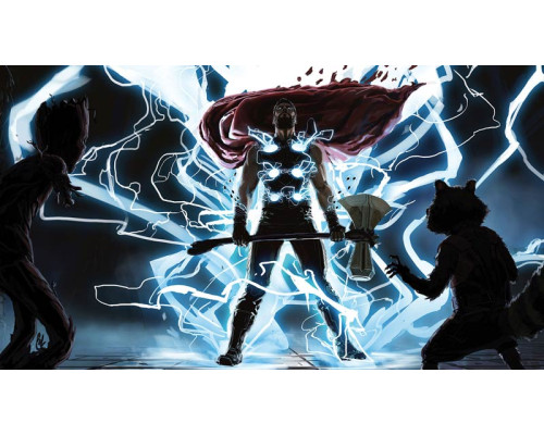 Fotobehang Thor God of Thunder met Groot en Rocket Raccoon uit Marvel.