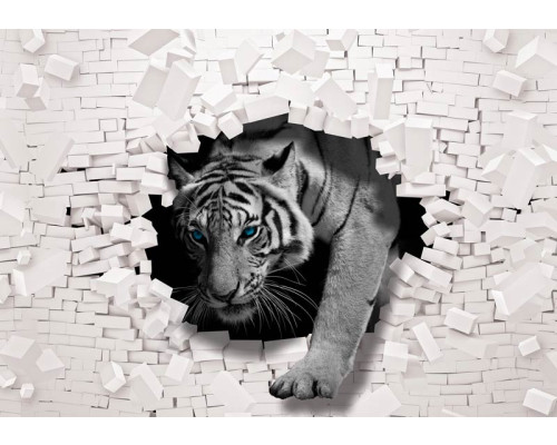 Fotobehang met een tijger die uit de muur breekt, 3D-effecten met abstracte bakstenen.