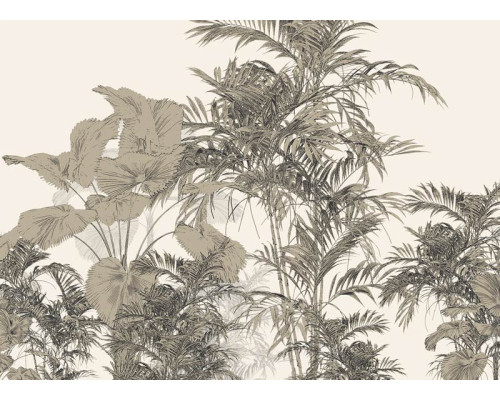 Fotobehang met een levendige tropische compositie, vol exotische bladeren, bloemen en warme tinten, perfect voor een energieke en natuurlijke uitstraling.