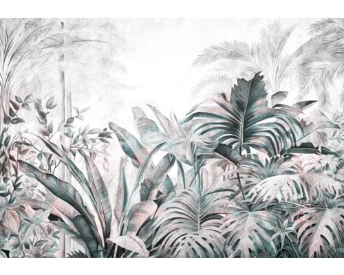 Fotobehang van tropische planten en bladeren uit de jungle, weergegeven in een botanische stijl.