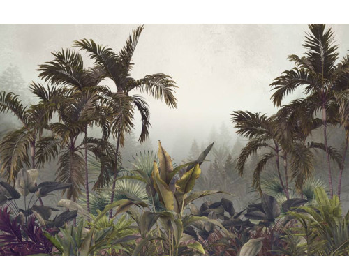 Tropische planten en bloemen, gehuld in nevel, afgebeeld op een fotobehang van een weelderige jungle.