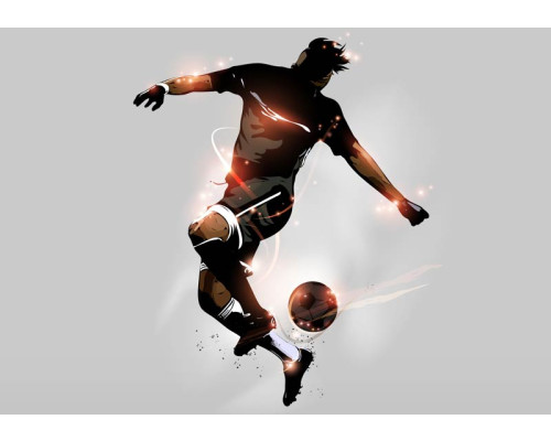 Fotobehang van een voetbaltruc waarbij de bal door een speler op spectaculaire wijze wordt gecontroleerd en gepresenteerd.