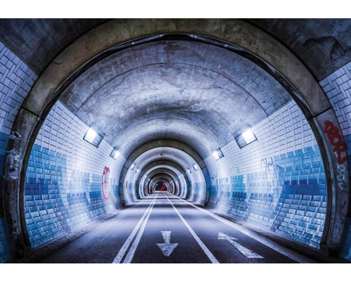 Fotobehang van een tunnel met 3D-effect, stadsgezicht met diepte.