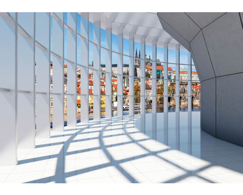 Fotobehang met een 3D-tunnel, stadsuitzicht en een panoramisch beeld van een stedelijk landschap.