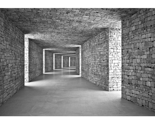 Fotobehang met een grijze stenen tunnel in 3D die zorgt voor een indrukwekkend diepte-effect aan de muur.