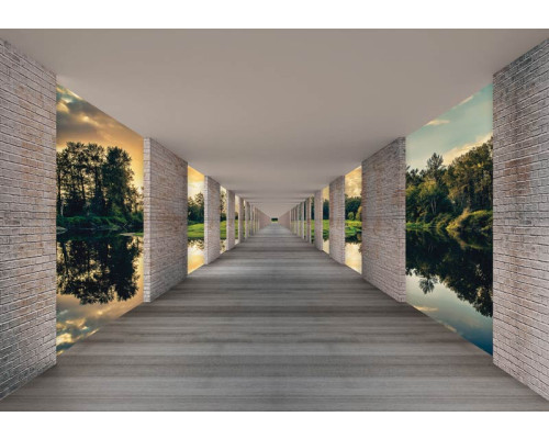Tunnel fotobehang met uitzicht op een meer, weergegeven in een 3D-effect met zonsondergang in de verte.