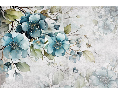 Turquoise bloemen zijn afgebeeld op dit fotobehang, met een kunstzinnige en serene uitstraling.