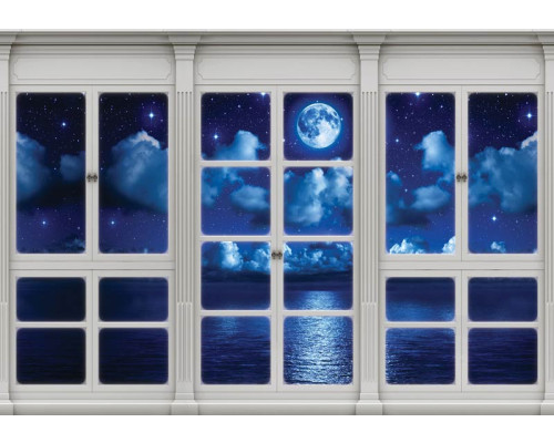 Uitzicht door het raam op de volle maan en de zee, met 3D-perspectief op fotobehang.