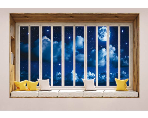 Fotobehang met uitzicht op de volle maan en de zee, gezien door een raam met 3D-perspectief.
