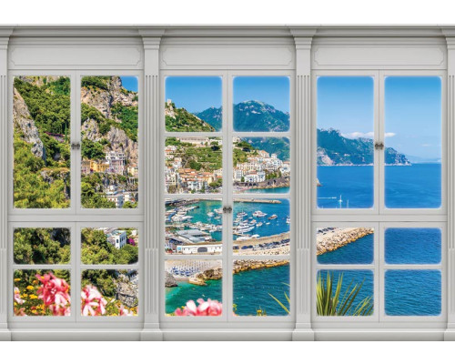 Uitzicht op een stad met zee en bergen, vastgelegd op een 3D-perspectief fotobehang.
