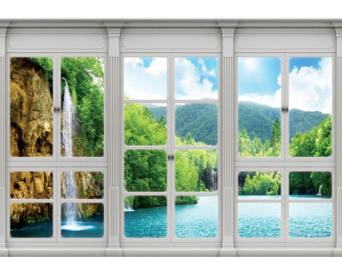 Fotobehang met 3D-perspectief uitzicht op een waterval en landschap door een raam.