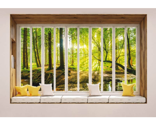Uitzicht op een zonnig herfstbos door een raam, met 3D-perspectief op fotobehang.