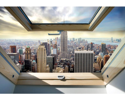 Fotobehang met een uitzicht op New York door een dakraam, 3D-effect voor extra diepte.