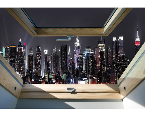Fotobehang met een uitzicht op de stad New York door een dakraam, met 3D-effecten.