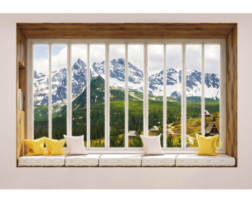 Uitzicht op bergen door een raam met 3D-effect op een berglandschap fotobehang.