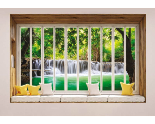 Uitzicht op een jungle waterval door een raam met 3D-perspectief op fotobehang.