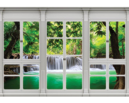 Uitzicht op een waterval door een raam met 3D-perspectief op fotobehang.