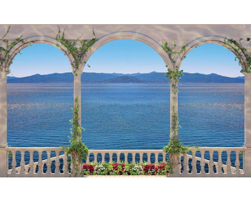 Balkon uitzicht op zee, fotobehang met Griekse zuilen en een prachtig zeezicht voor een luxueuze sfeer.
