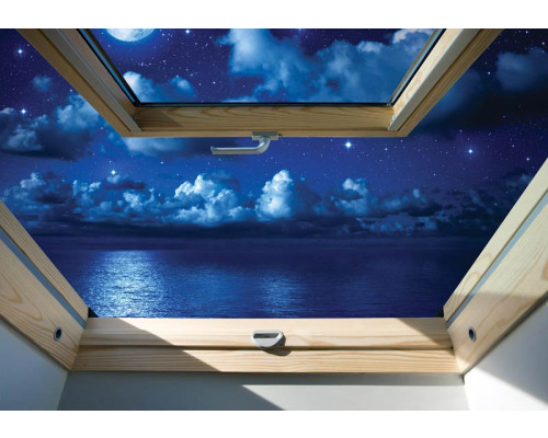 Fotobehang met uitzicht op een sterrenhemel, zichtbaar door een dakraam, met een 3D-effect.