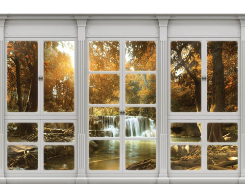 Uitzicht op een waterval door een raam met 3D-effect in een boslandschap op fotobehang.