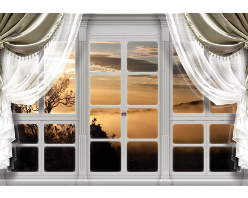 Fotobehang met een mistig bos, zonsondergang en 3D-effect door een raam.