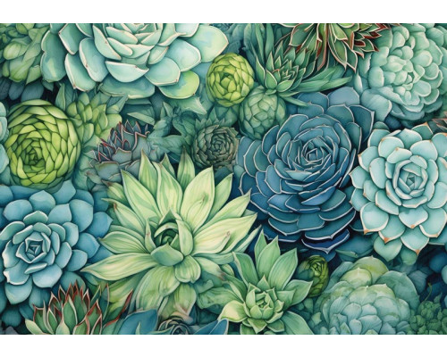 Fotobehang van vetplanten in een groene tint, met een kunstzinnige weergave van deze natuurlijke elementen.