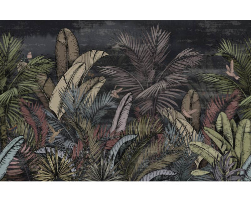 Fotobehang met vintage jungleplanten, rijk aan botanische details en weelderige bladeren.