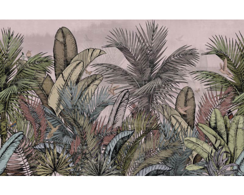Een fotobehang met vintage jungleplanten en botanische details van tropische bladeren.