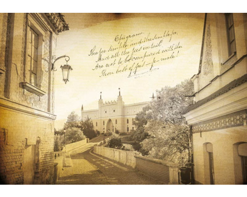 Lublin stad in vintage stijl, fotobehang met een oude stad en zee in een nostalgisch landschap.