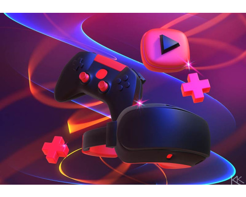 Fotobehang met neon roze en paarse kleuren waarop een gamecontroller en een VR-bril te zien zijn in een futuristische setting.